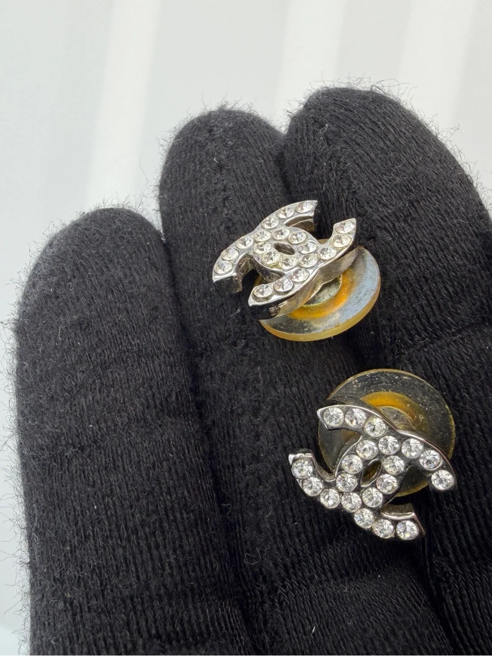 Chanel Silver Rhinestone Stud Earrings Silvery Metal